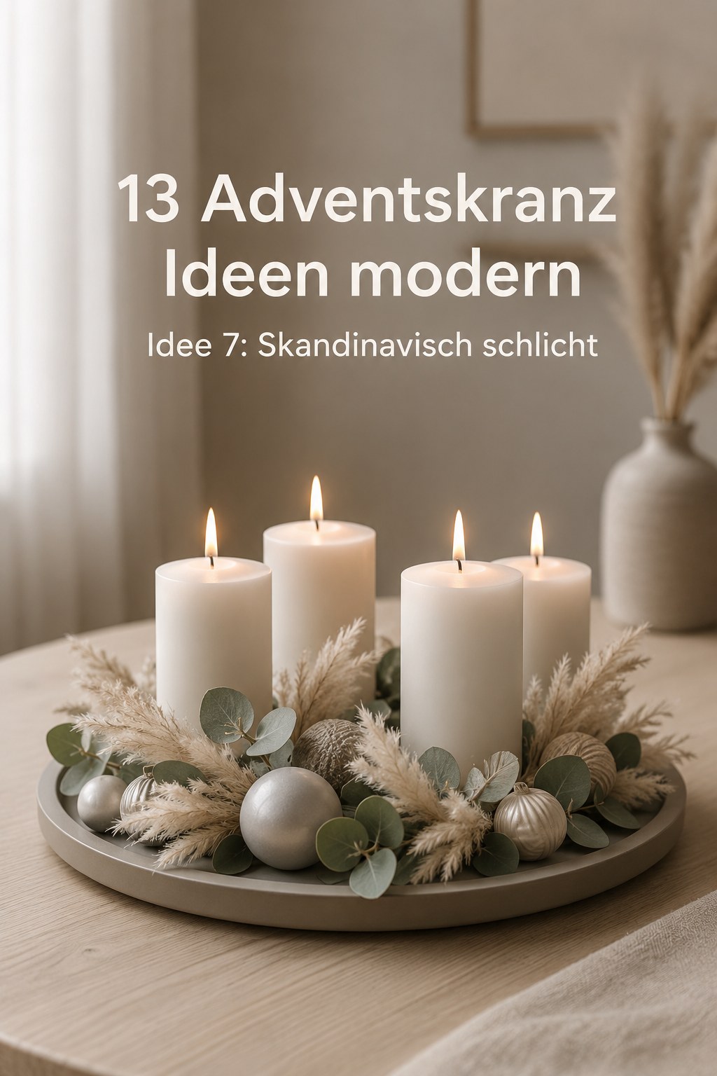 Skandinavisch schlichter Adventskranz mit weißen Kerzen, Pampasgras und silbrigem Eukalyptus
