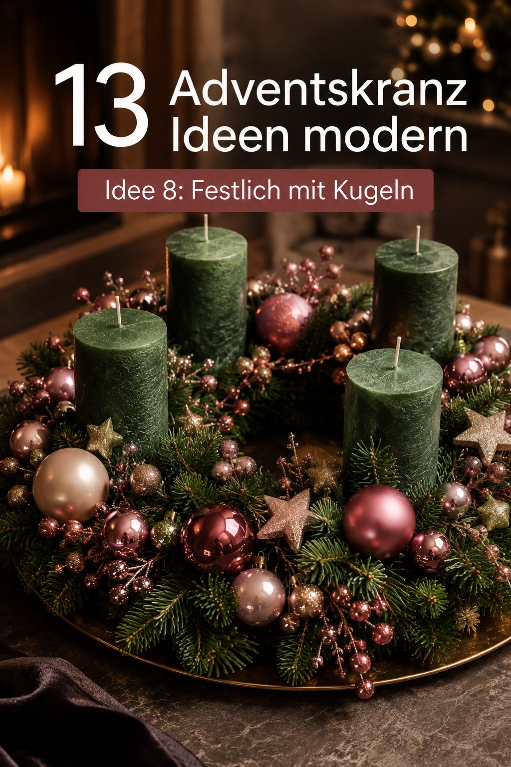 Opulenter Adventskranz mit dunkelgrünen Kerzen, rosa Kugeln und kleinen Sternen auf goldenem Tablett
