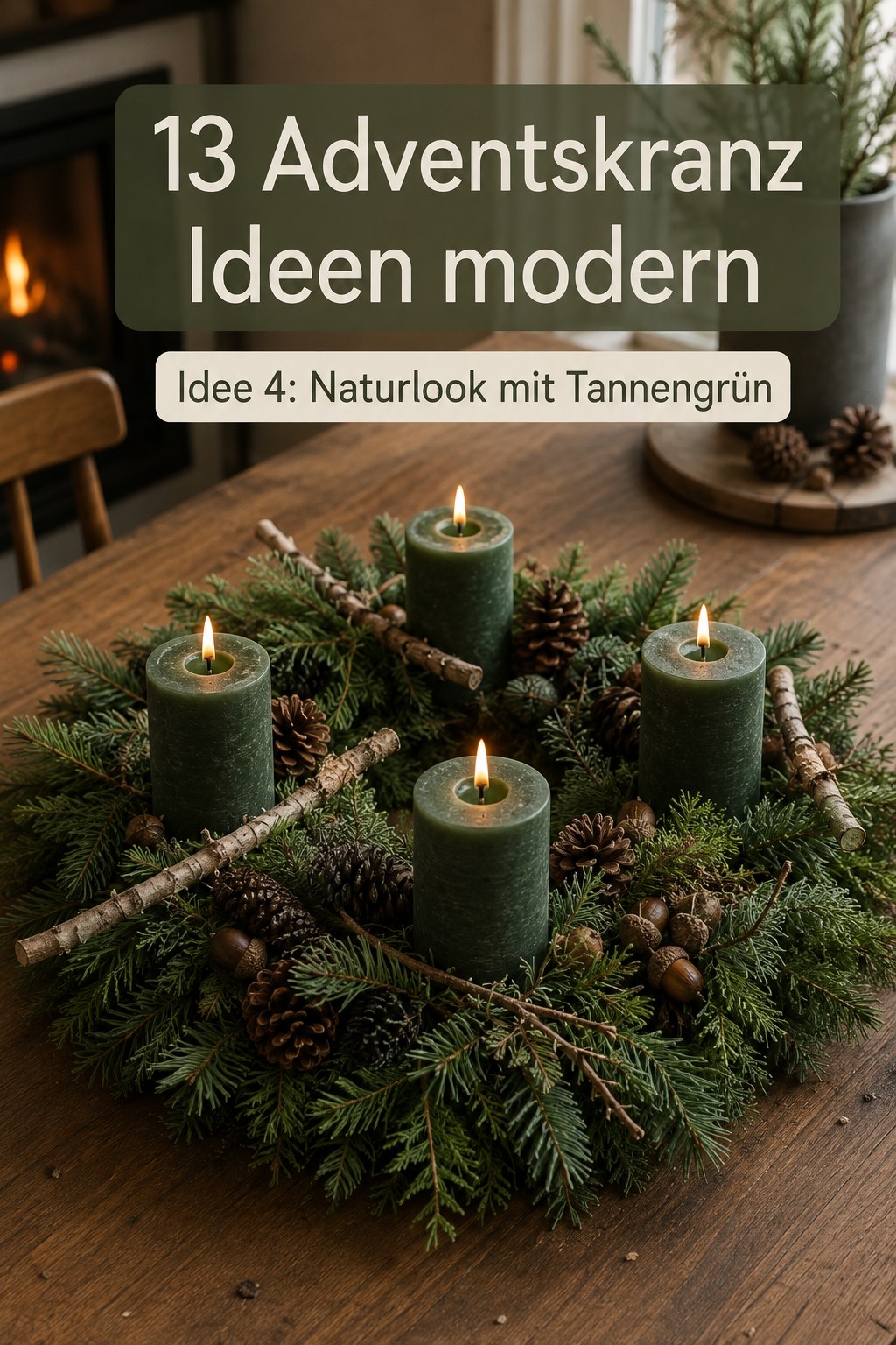 Natürlicher Adventskranz aus Tannengrün mit Zapfen, Birkenästen und grünen Stumpenkerzen