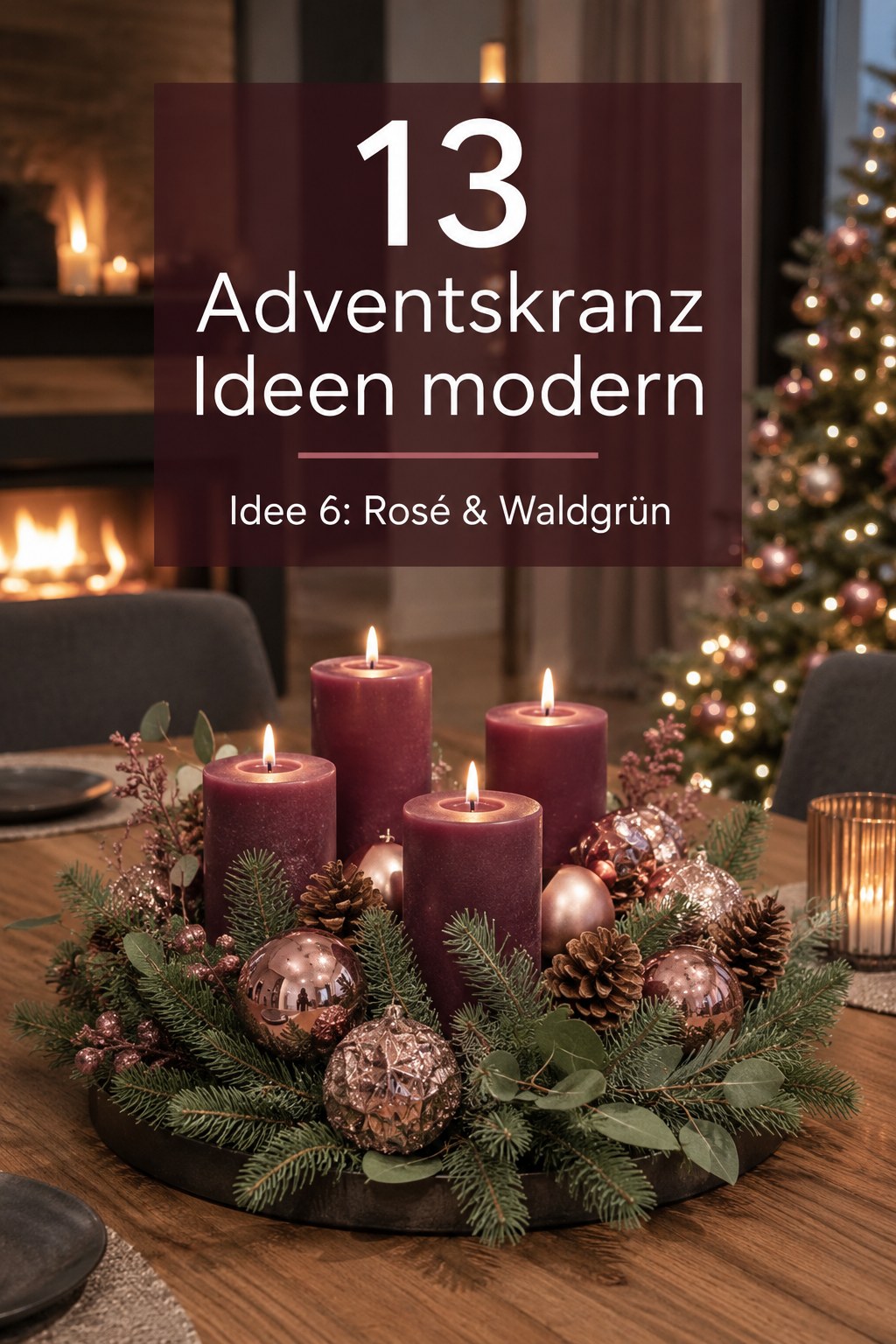 Festlicher Adventskranz in Rosé und Waldgrün mit Kupferkugeln, Beeren und Kerzenschein