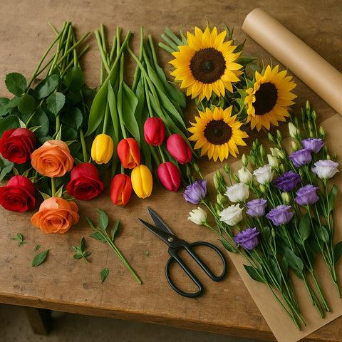 Auswahl verschiedener Blumen für Geschenk