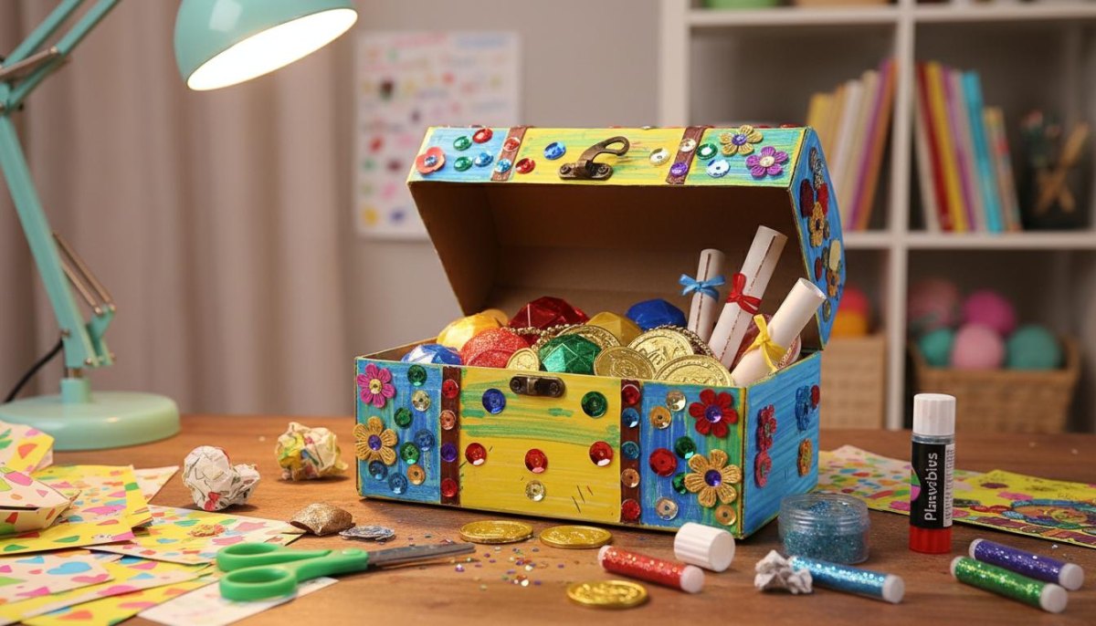 Kinder basteln Schatzkiste Karton