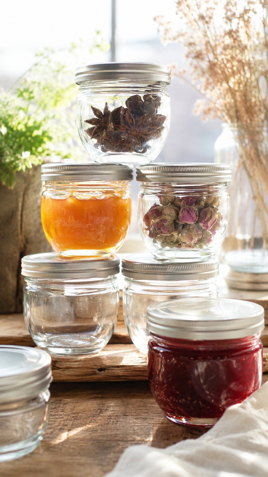 Kleine Einmachgläser gefüllt mit Marmelade, Gewürzen und Blütentee als Geschenk im Glas