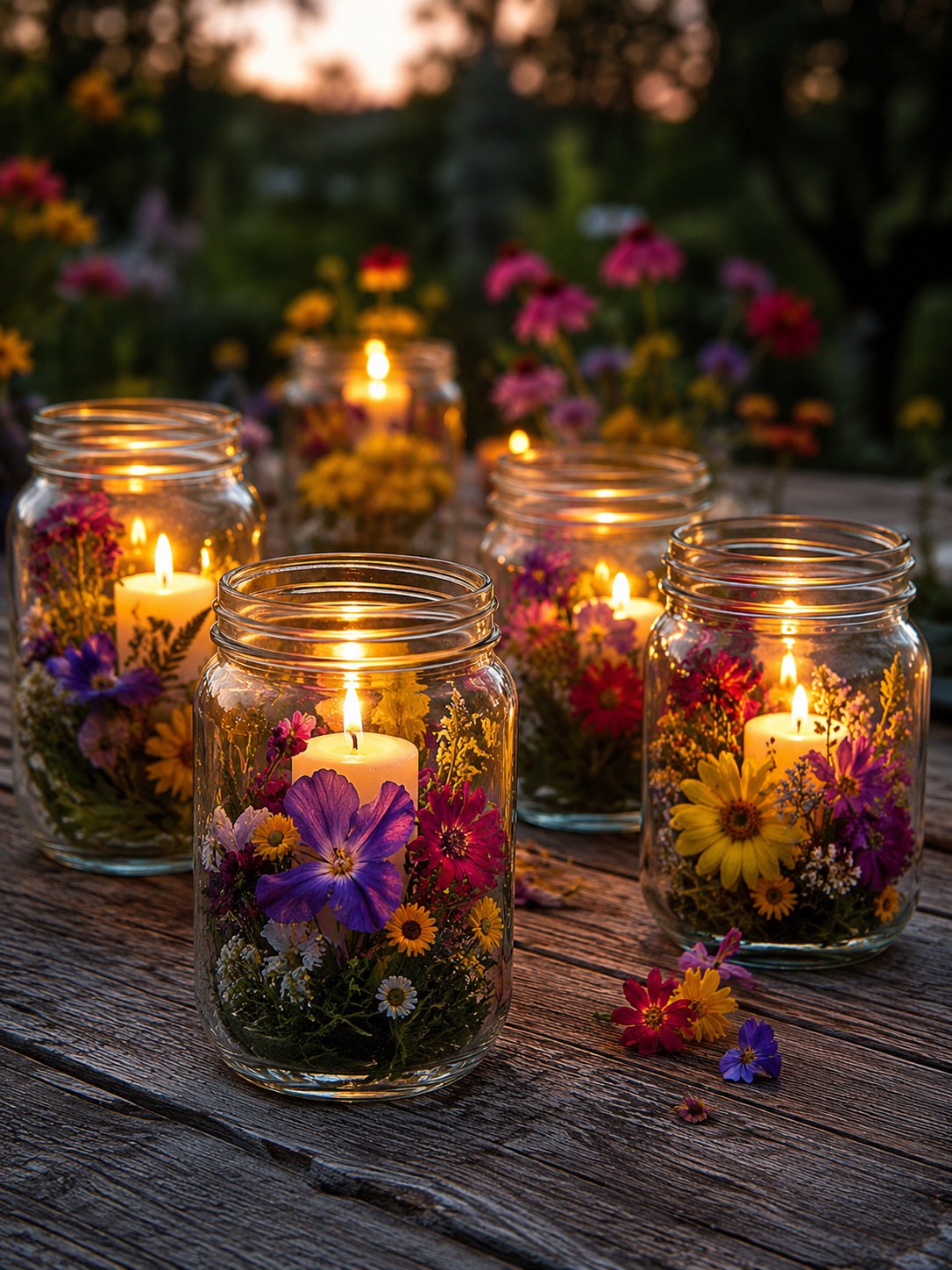 Einmachgläser mit frischen Blüten und Teelicht als Windlicht Upcycling Idee im Garten