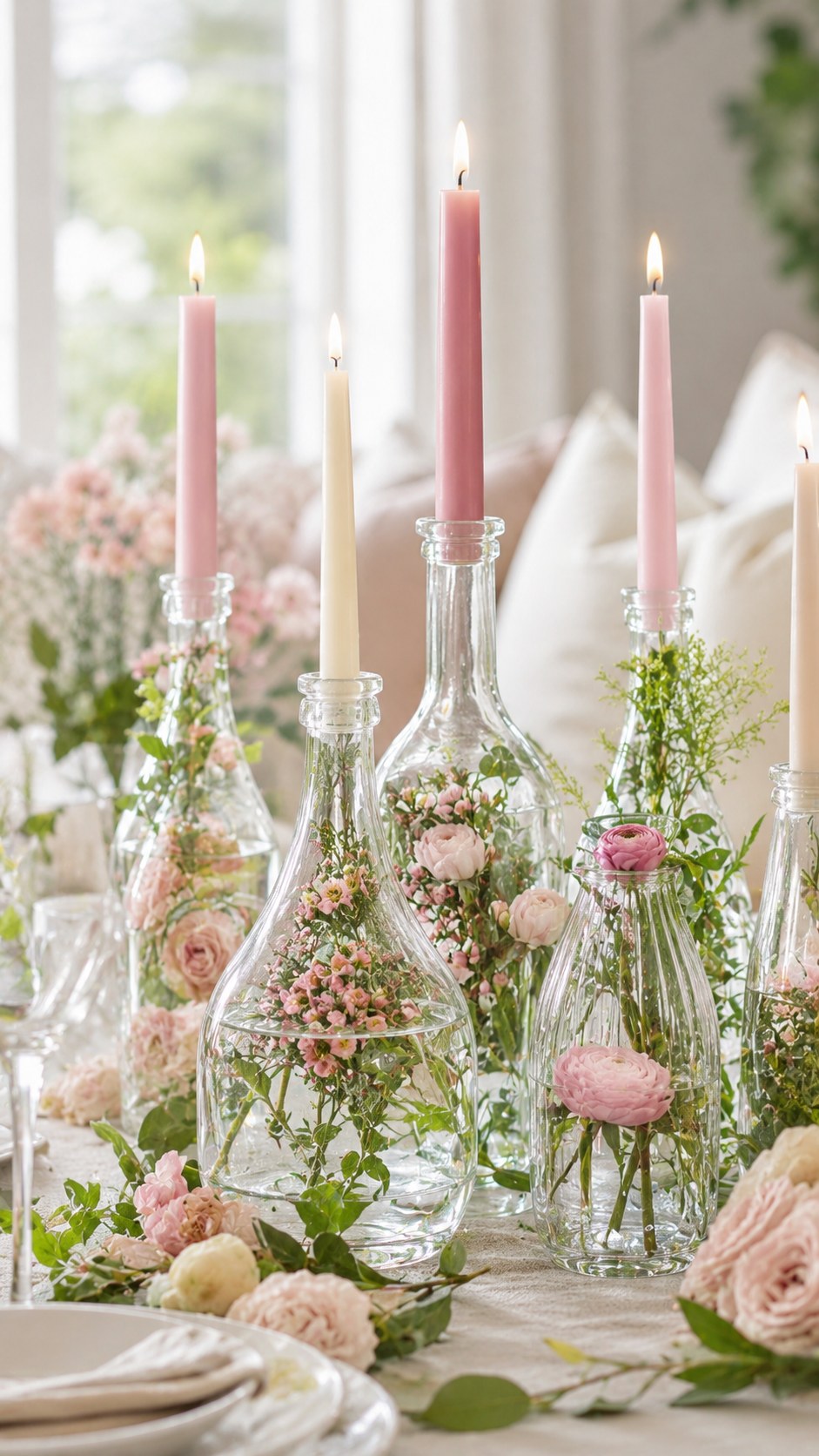 Verschiedene Glasflaschen als Tischdeko mit Stabkerzen und Blüten für ein Einmachgläser Upcycling