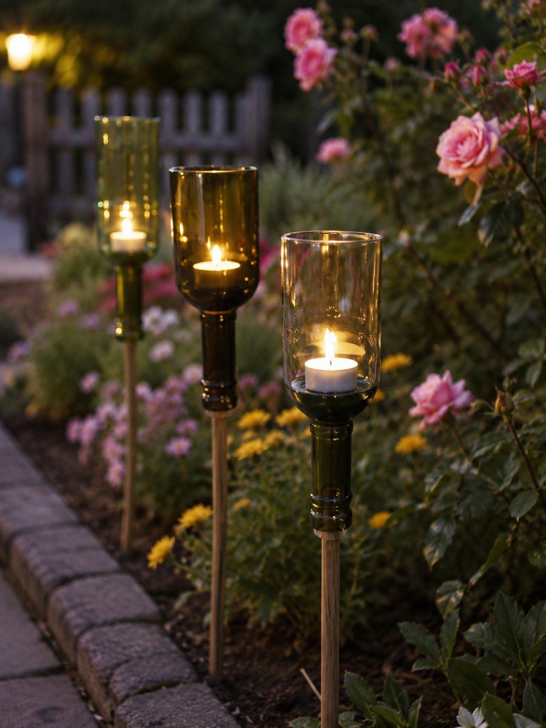 Alte Glasflaschen als Gartenfackel mit Windlicht und Teelicht entlang eines Blumenbeets