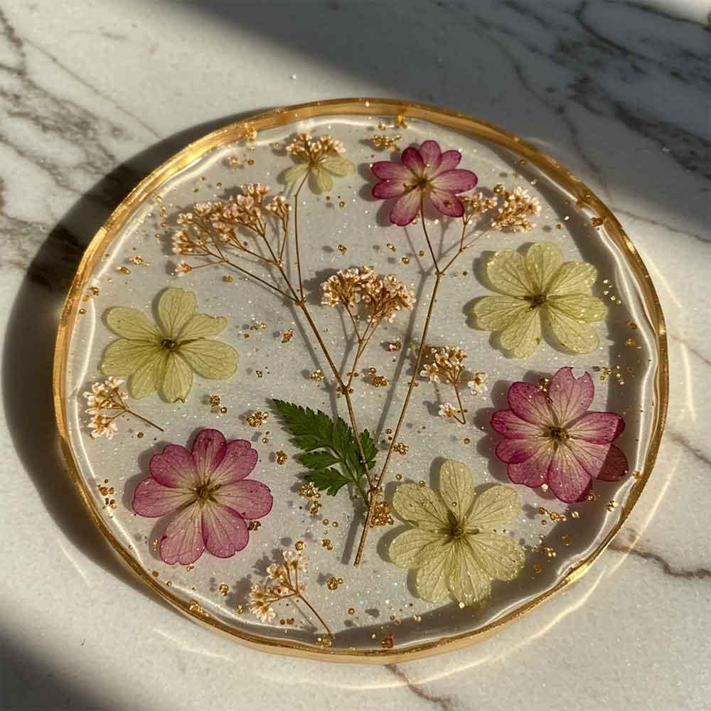 Blumen Untersetzer aus Epoxidharz mit Goldflocken