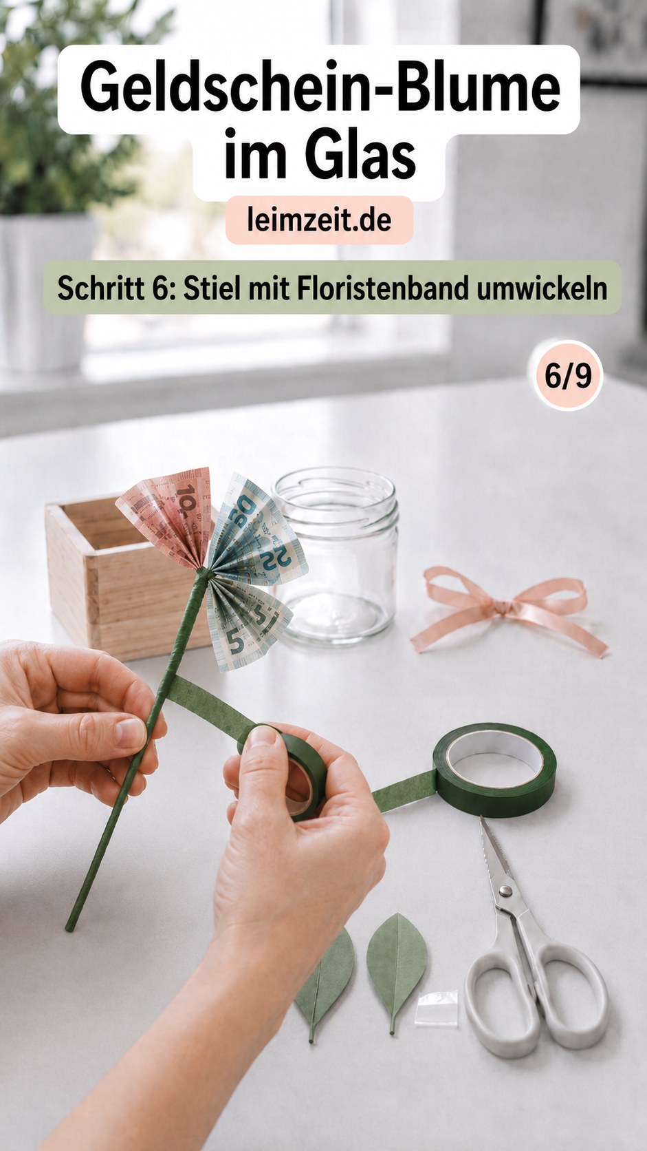 Der Stiel der Geldschein-Blume im Glas wird sorgfältig mit grünem Floristenband umwickelt