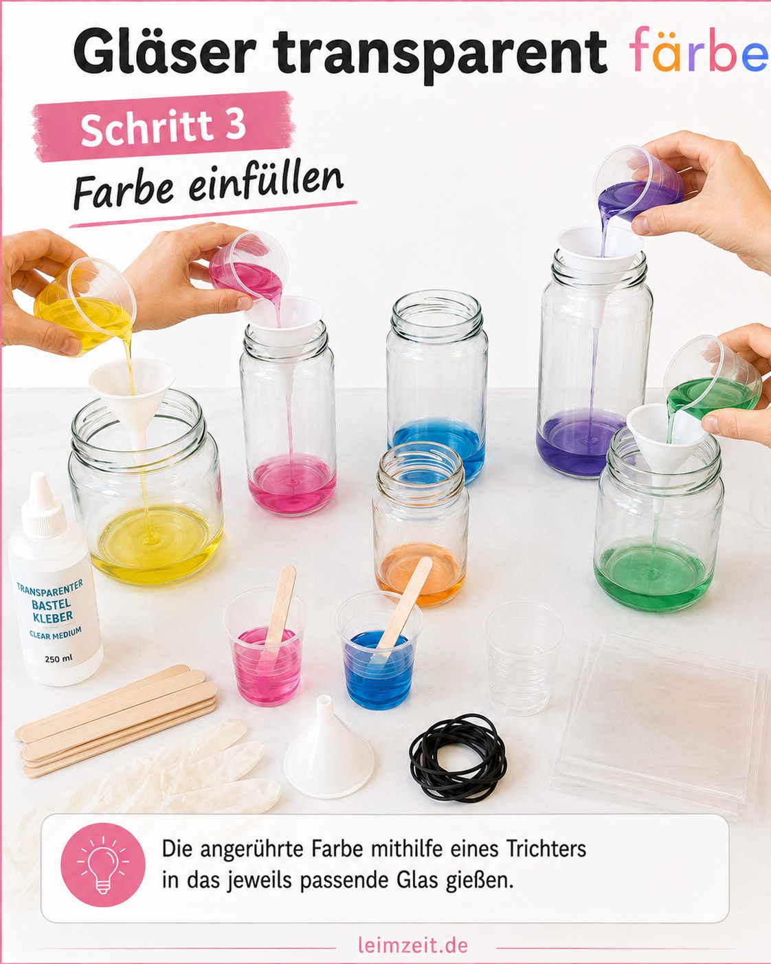 Angerührte Farbe wird per Trichter in die Gläser gefüllt, bevor die Innenflächen gefärbt werden