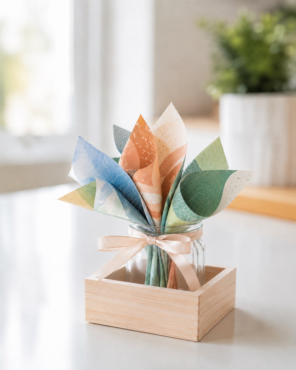 Papierblumenstrauß aus bemaltem Musterpapier im Glas zum Gutschein kreativ verpacken
