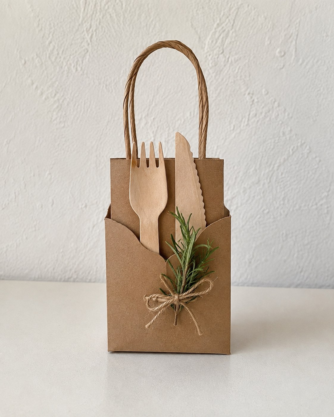 Kraftpapiertüte mit Holzbesteck und Rosmarin als kreative Verpackung für einen Restaurantgutschein