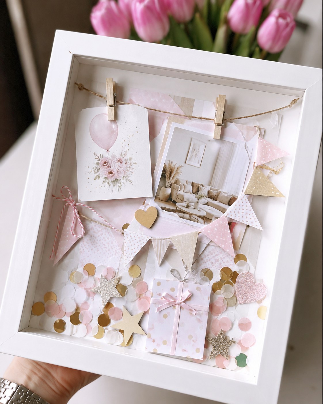 Rosa Geburtstags-Shadowbox im Bilderrahmen mit Konfetti als kreative Gutschein-Verpackung