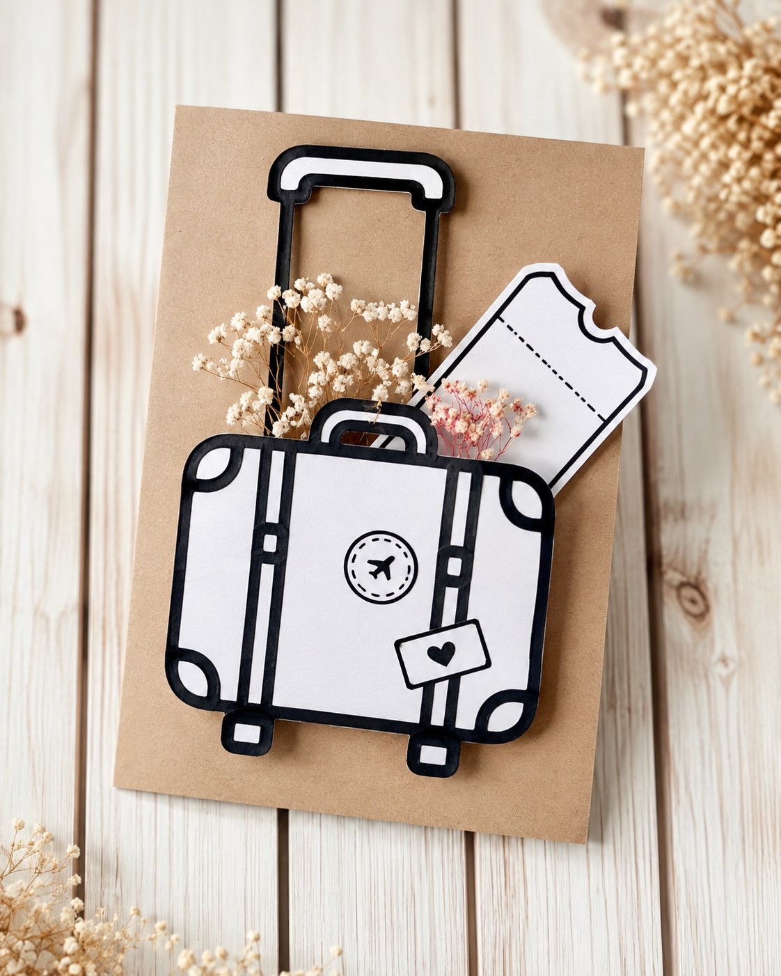 Reisegutschein kreativ verpackt als Papier-Koffer mit Ticket auf einer Kraftpapierkarte