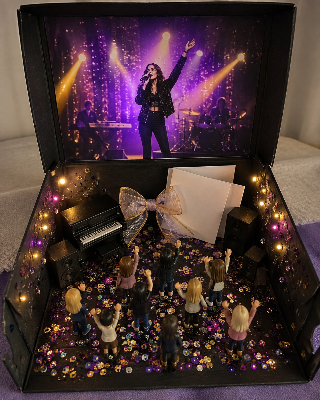 Aufwendige Konzert-Diorama-Box zum Gutschein kreativ verpacken mit Mini-Figuren und Lichtern