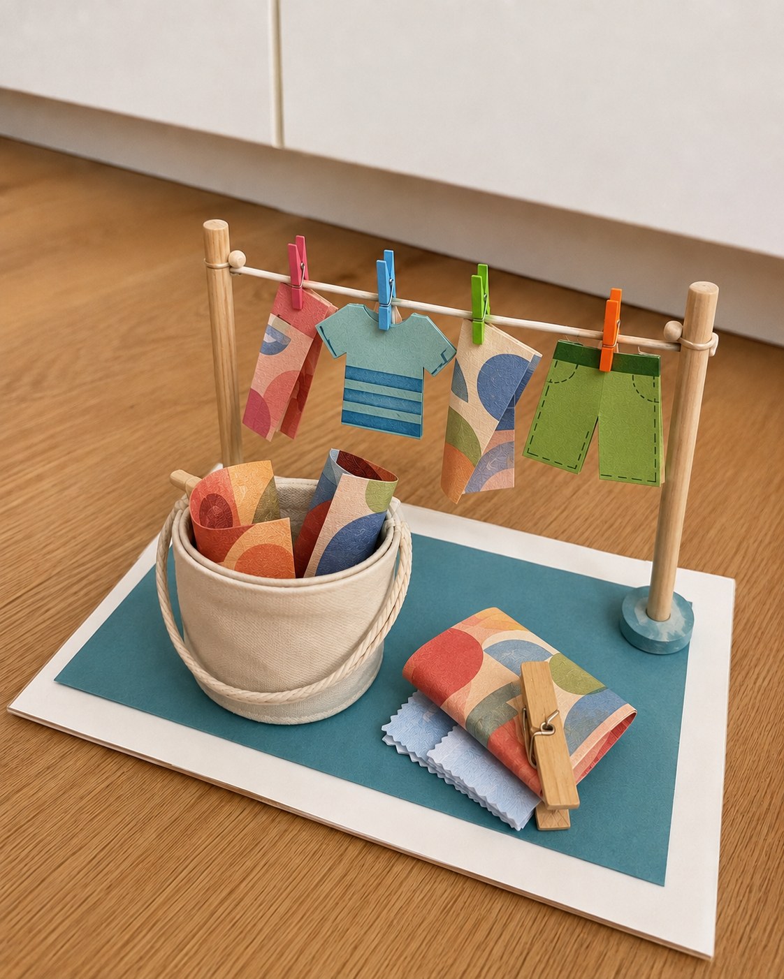 Mini-Wäscheleine mit Papierkleidung als originelle Idee, einen Haushaltsgutschein zu verpacken