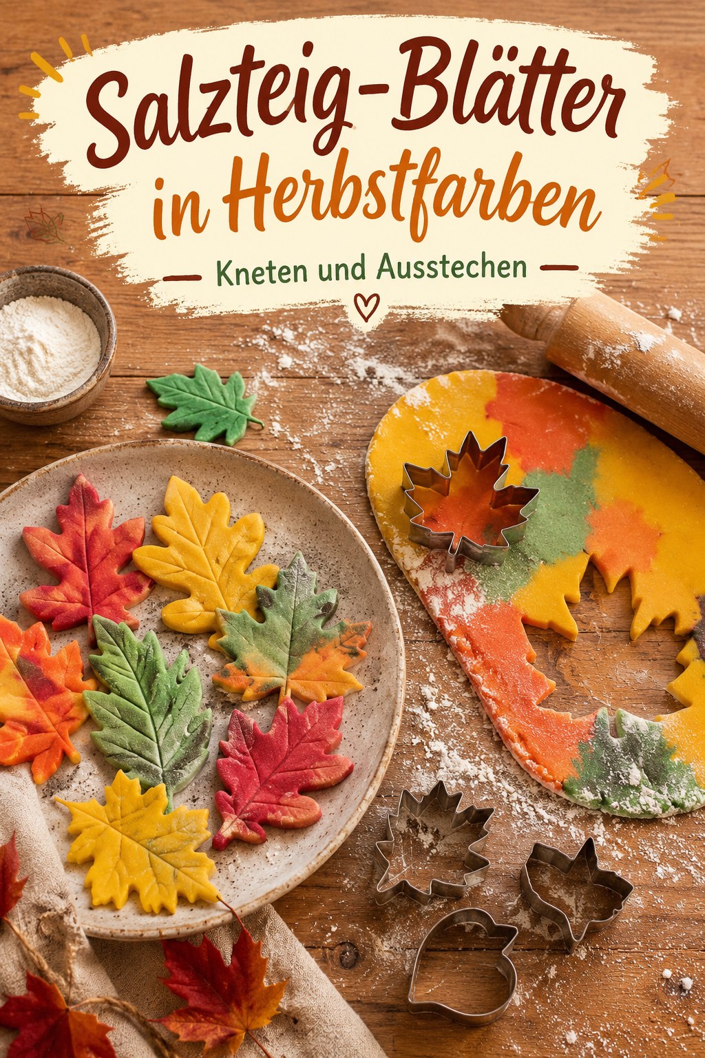 Bunt gefärbte Salzteig-Blätter in Herbstfarben liegen neben ausgestochenem Teig und Ausstechformen.