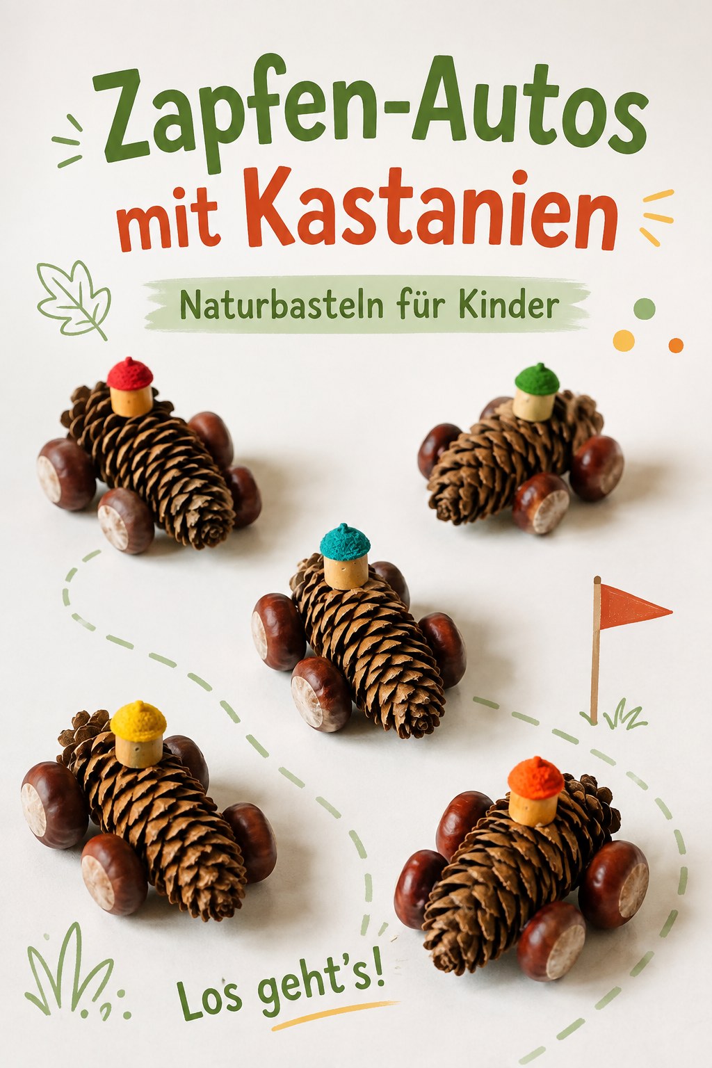 Kleine Zapfen-Autos mit Kastanienrädern stehen bereit für spielerisches Naturbasteln mit Kindern.