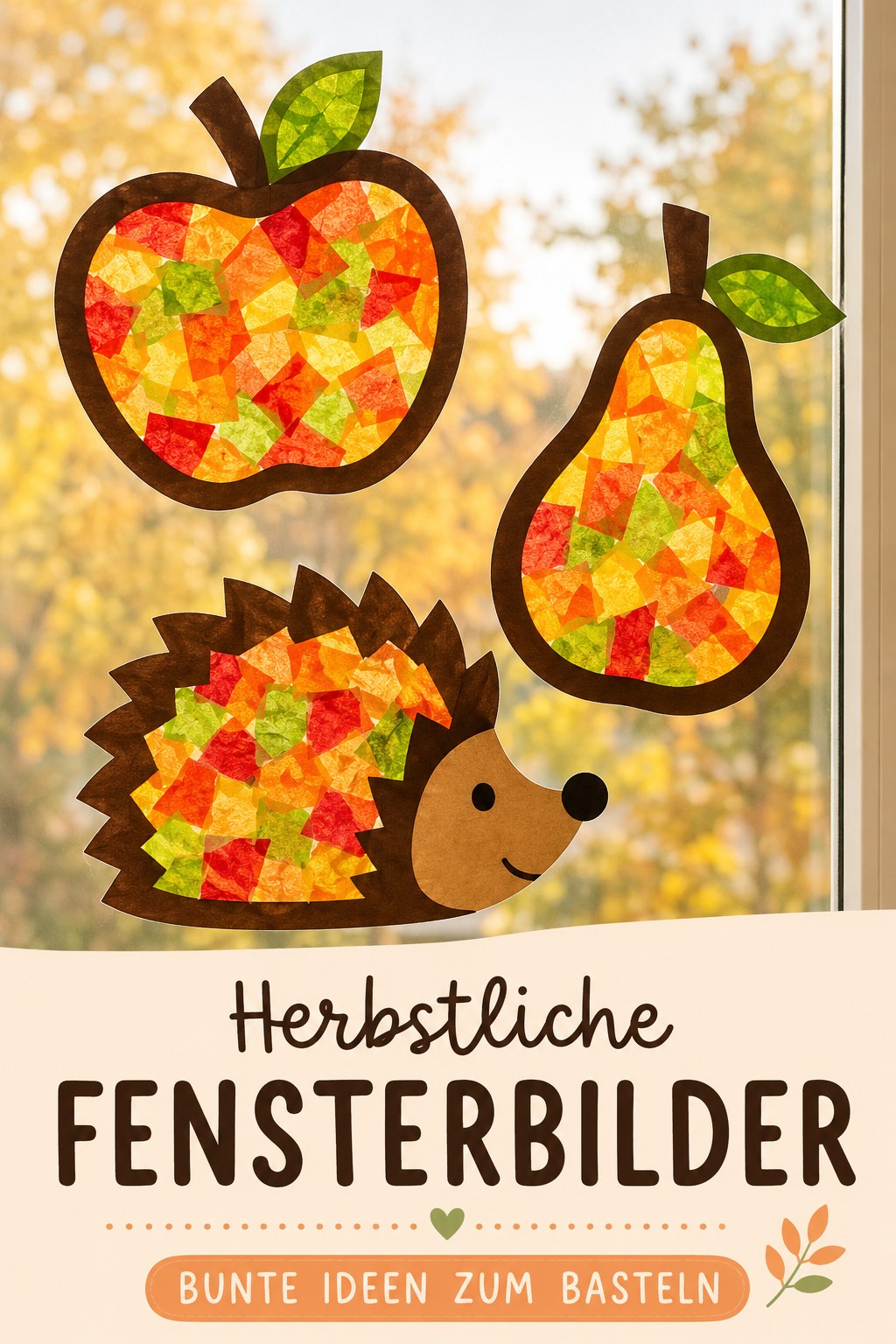 Herbstliche Fensterbilder aus Transparentpapier in Apfel-, Birnen- und Igelform kleben am Fenster.