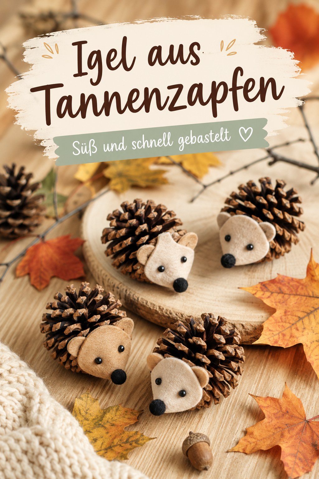 Kleine Igel aus Tannenzapfen mit Filzköpfchen liegen zwischen Herbstlaub auf einem Holzbrett.