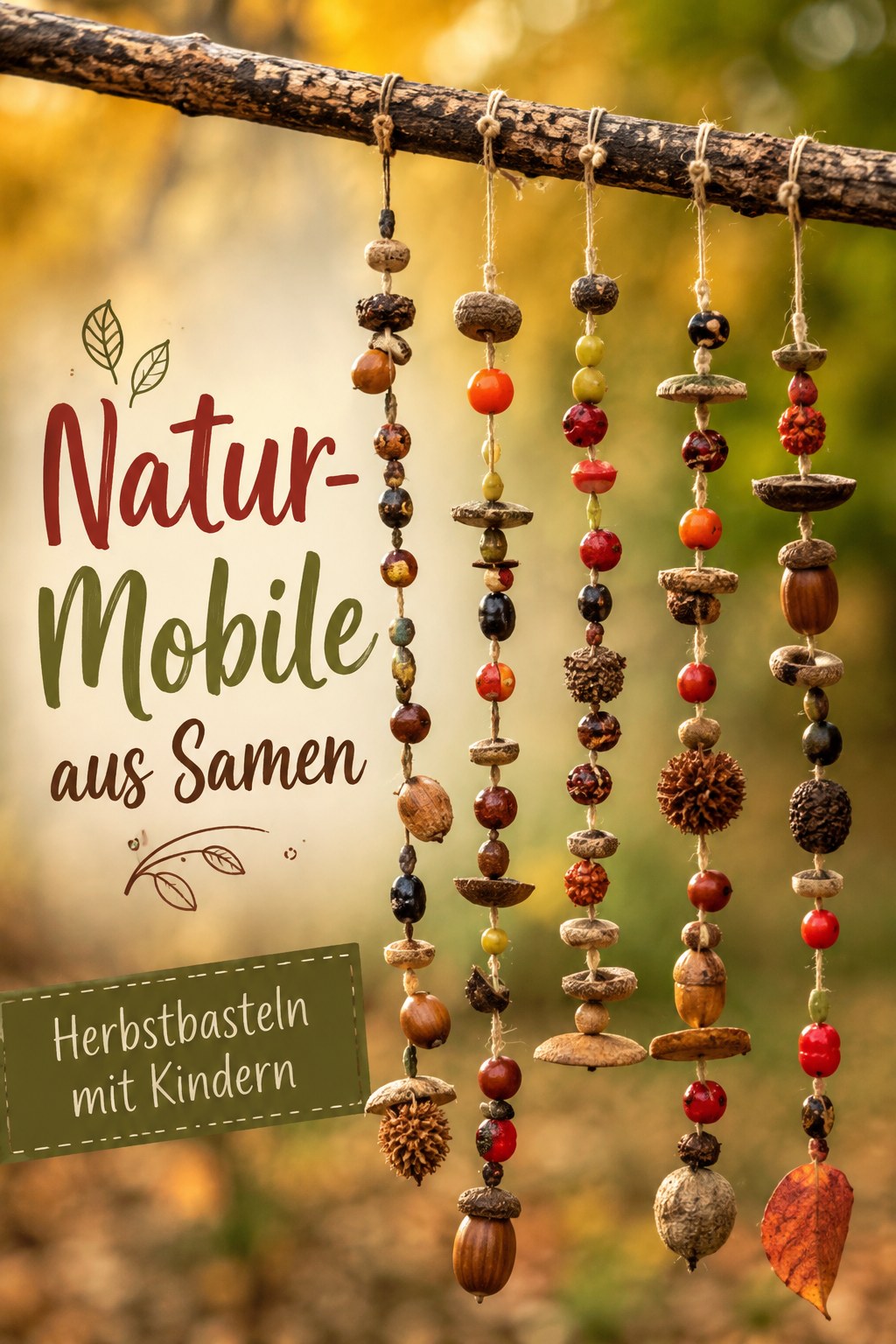Ein Natur-Mobile aus aufgefädelten Samen, Eicheln und Beeren hängt an einem Ast im Garten.
