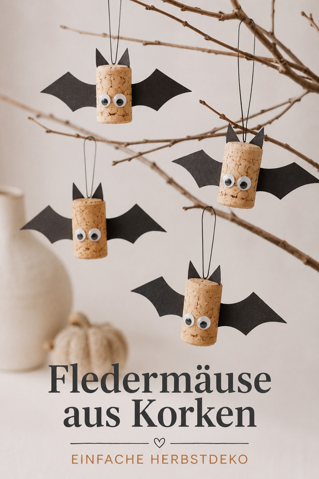 Kleine Fledermäuse aus Korken mit Filzflügeln hängen als einfache Herbstdeko an kahlen Zweigen.