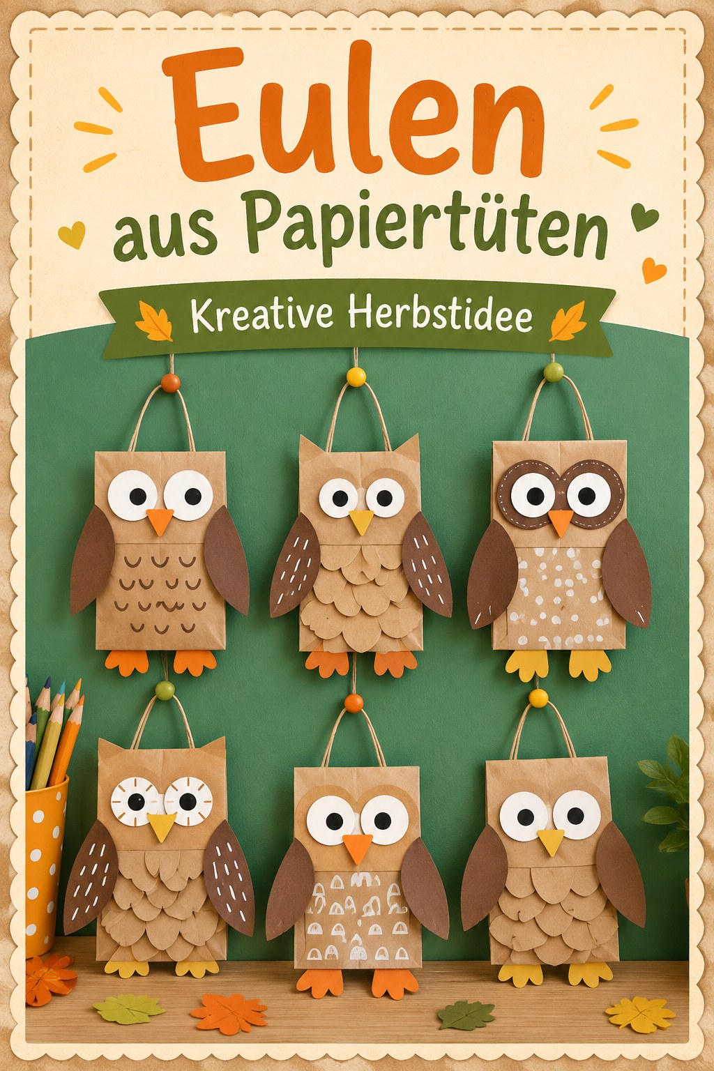 Sechs Eulen aus braunen Papiertüten mit Filzfedern und Wackelaugen als kreative Herbstbastelidee.
