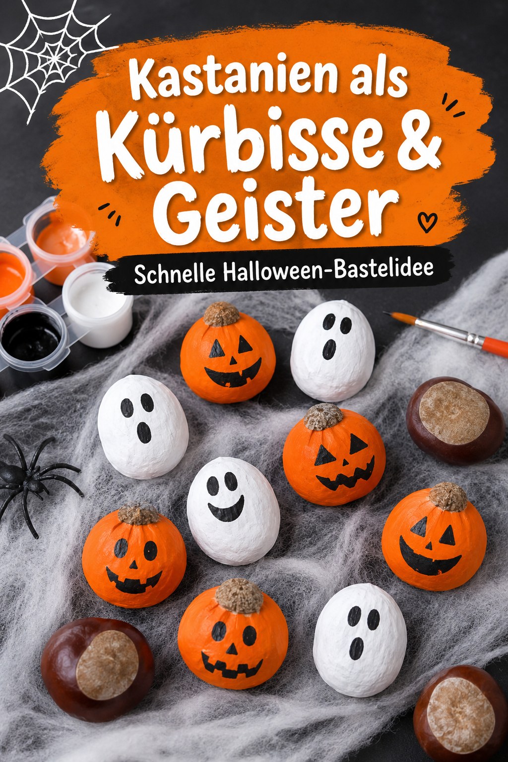 Bemalte Kastanien als kleine Kürbisse und Geister für eine schnelle Halloween-Bastelidee mit Kindern.