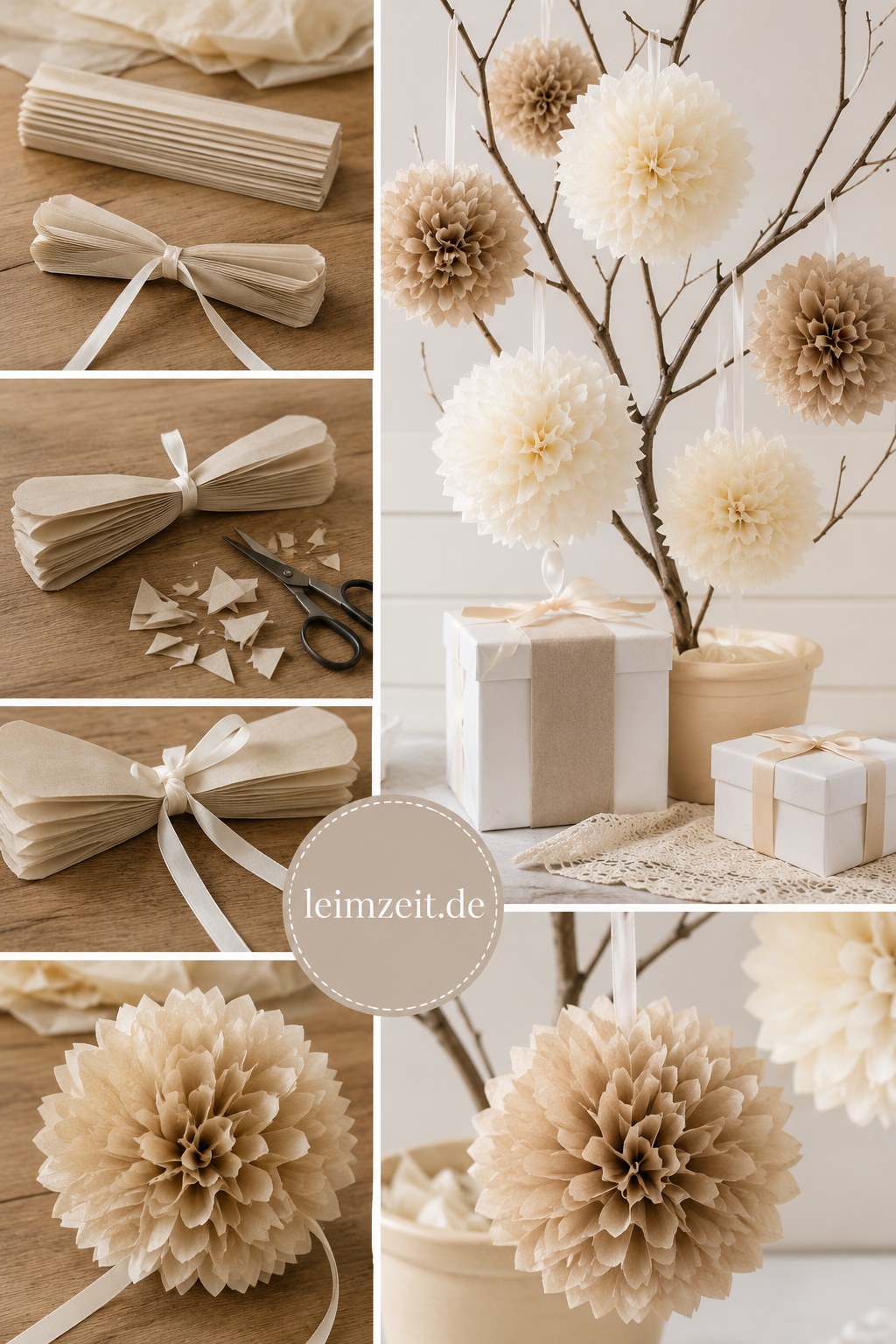 Pompoms aus Seidenpapier an Ästen als Hochzeitsdeko selber machen mit kleinem Budget