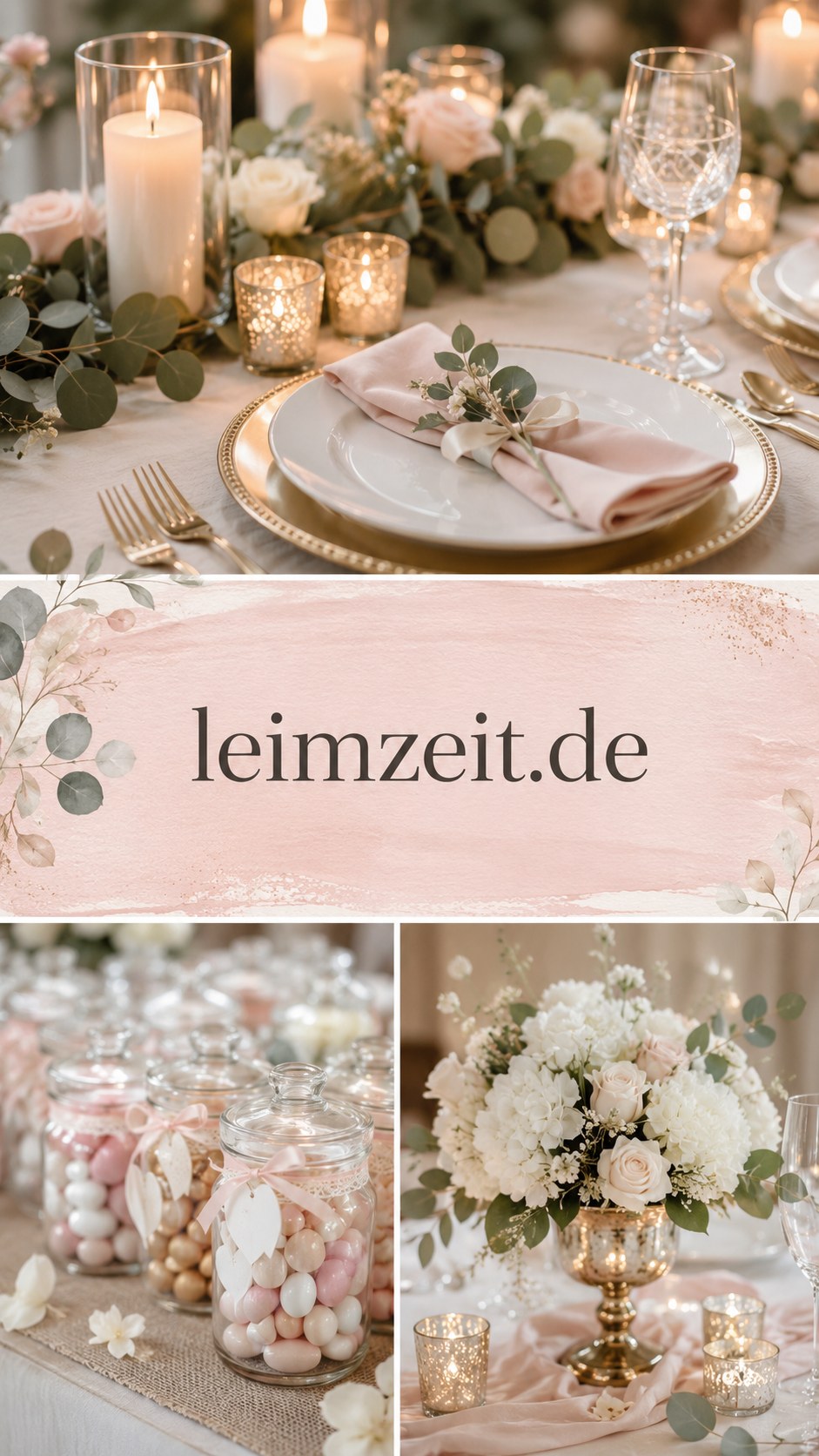 Rosé-goldene Tischdeko mit Kerzen und Süßigkeitengläsern als budgetfreundliche Hochzeitsdeko