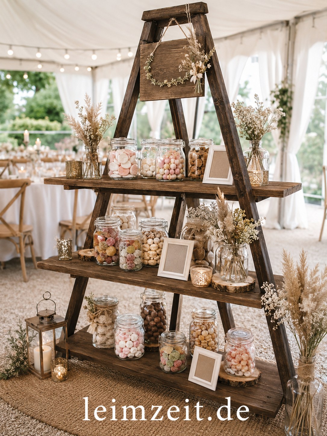 Alte Leiter als Candy-Bar mit Süßigkeitengläsern, günstige Hochzeitsdeko aus Upcycling