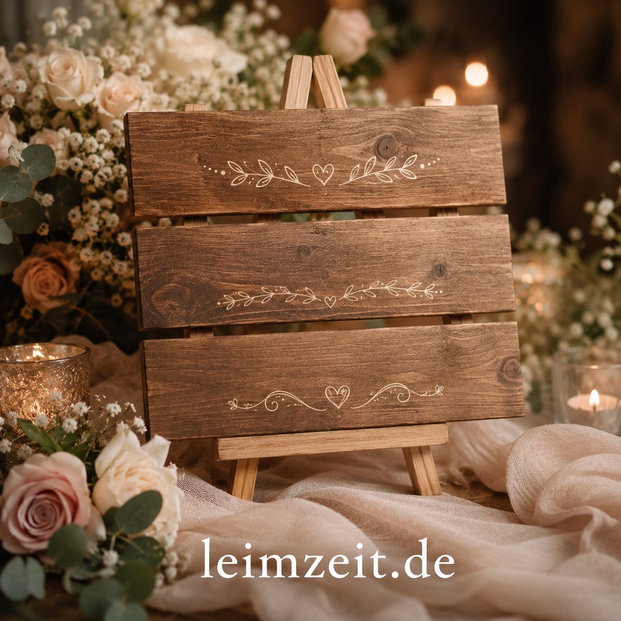 Beschriftetes Holzschild auf Staffelei als rustikale Hochzeitsdeko selber machen Idee
