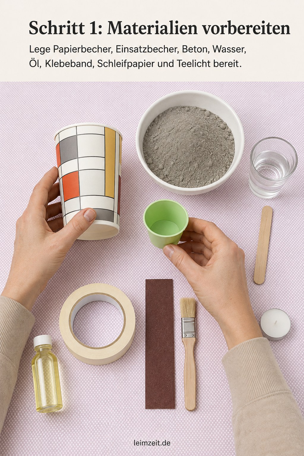 Materialien zum Kerzenständer aus Beton gießen: Papierbecher, Kreativbeton, Öl und Werkzeug bereitgestellt