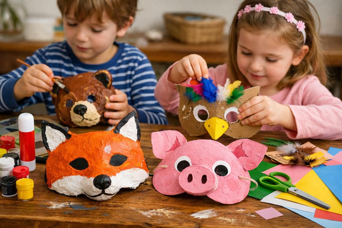 Kinder basteln Tiermasken Pappe