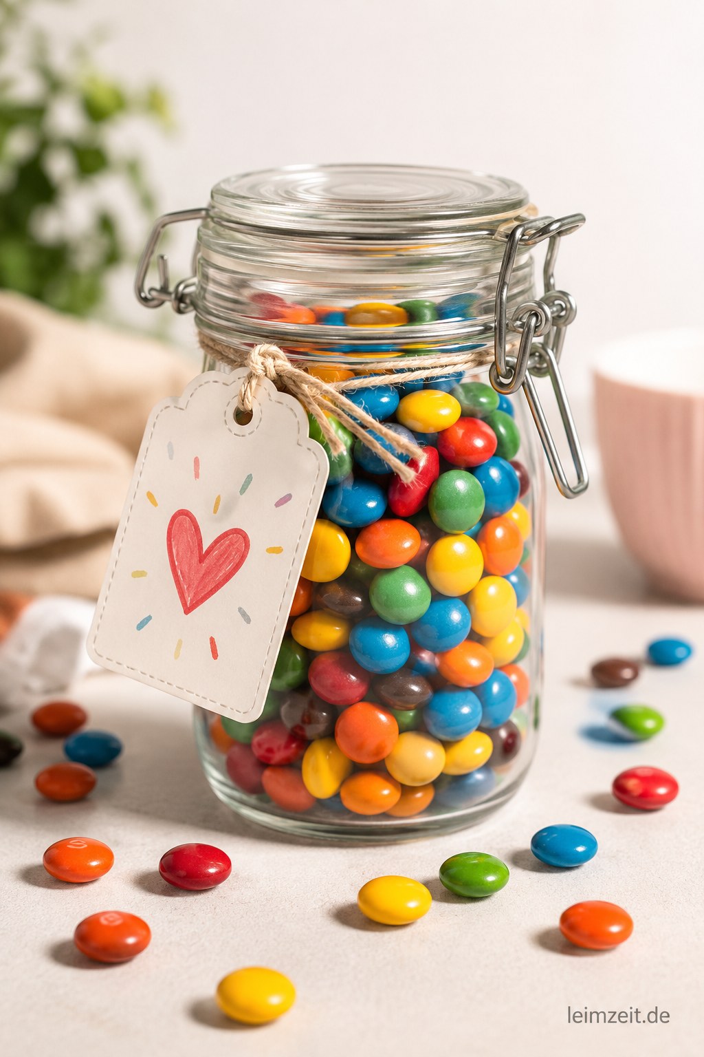 Bügelglas mit Schokolinsen und Herz-Anhänger, ein schnelles last minute Geschenk selber machen