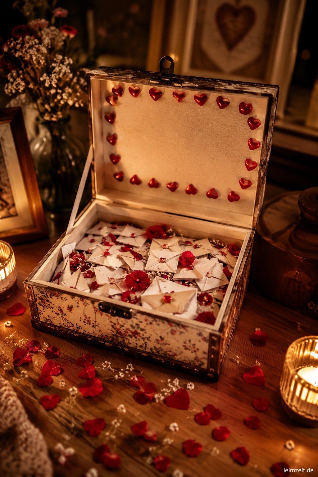 Offene Schatzkiste voller gefalteter Liebesbriefe als besonderes last minute Geschenk selber machen