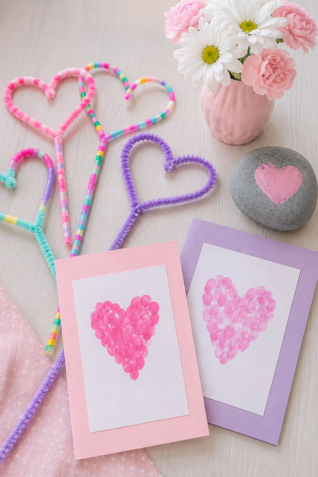 Herzen aus Bügelperlen und Fingerabdruck-Karten als Muttertagsgeschenk zum Selbermachen mit Kindern