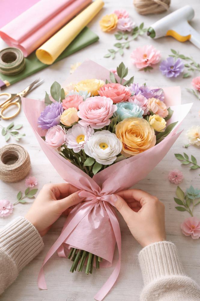 Fertiges Papierblumen Bouquet arrangiert