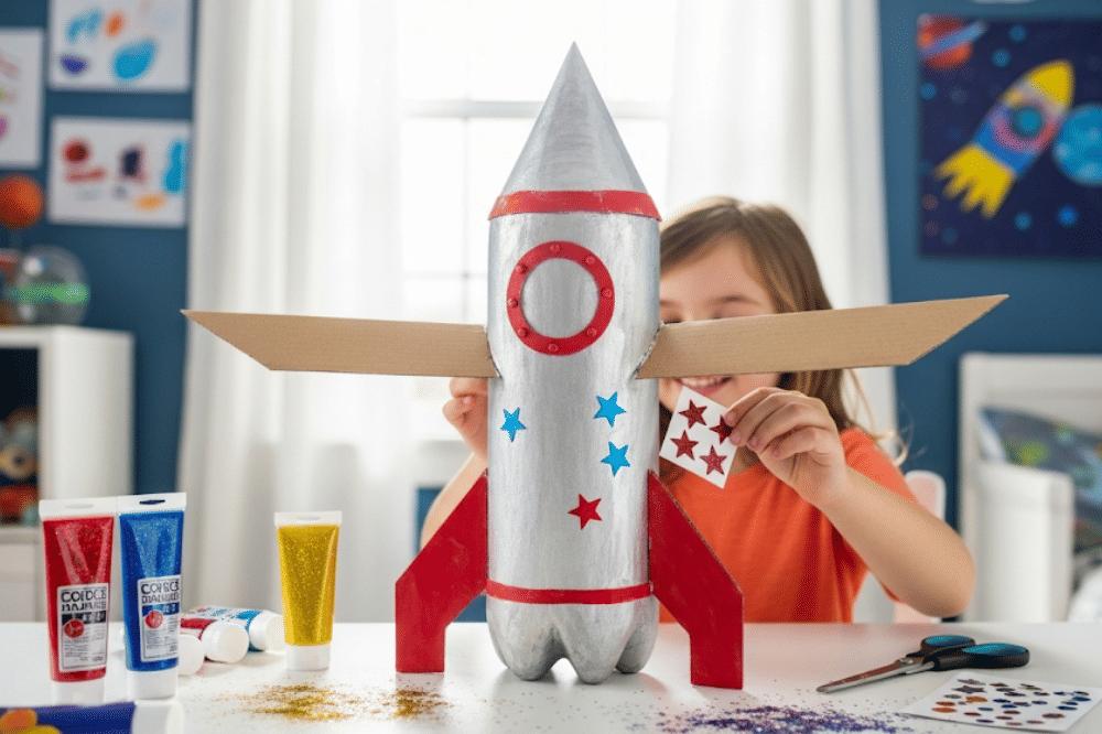 Kinder bauen Recycling Rakete
