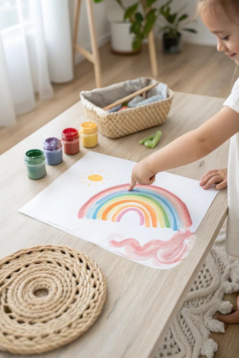 Kleinkind malt Regenbogen mit Fingerfarben
