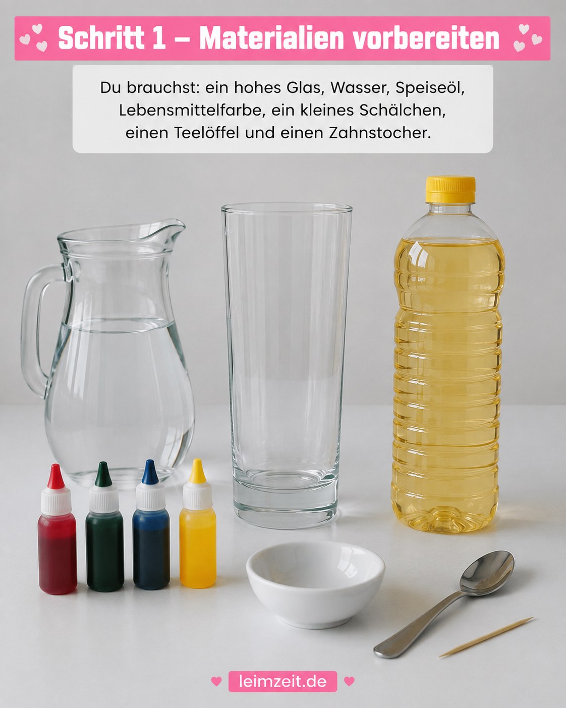 Materialien für das Regenbogen Wasser Experiment mit Glas, Öl, Wasser und vier Farbtönen aufgereiht