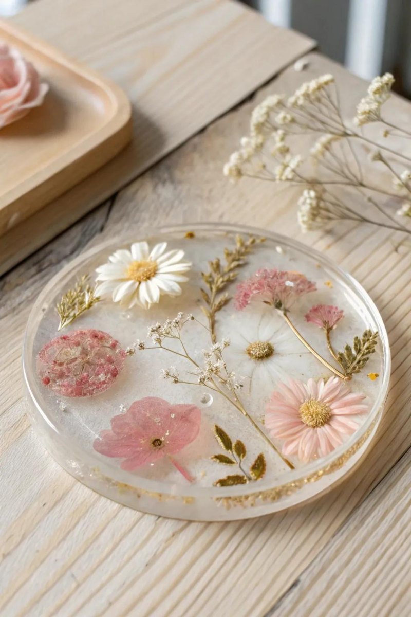 Runde Epoxidharz Untersetzer mit feinen Trockenblumen