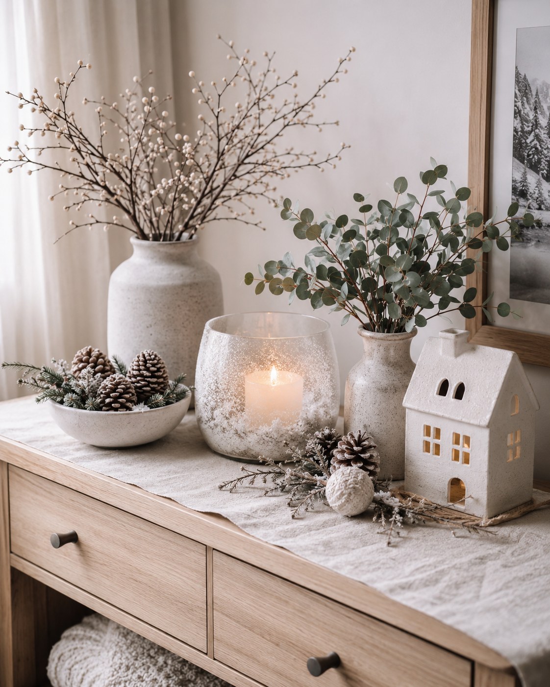 Helles Holzsideboard mit Frostkerze, Zweigen und Zapfen als skandinavische Winterdeko