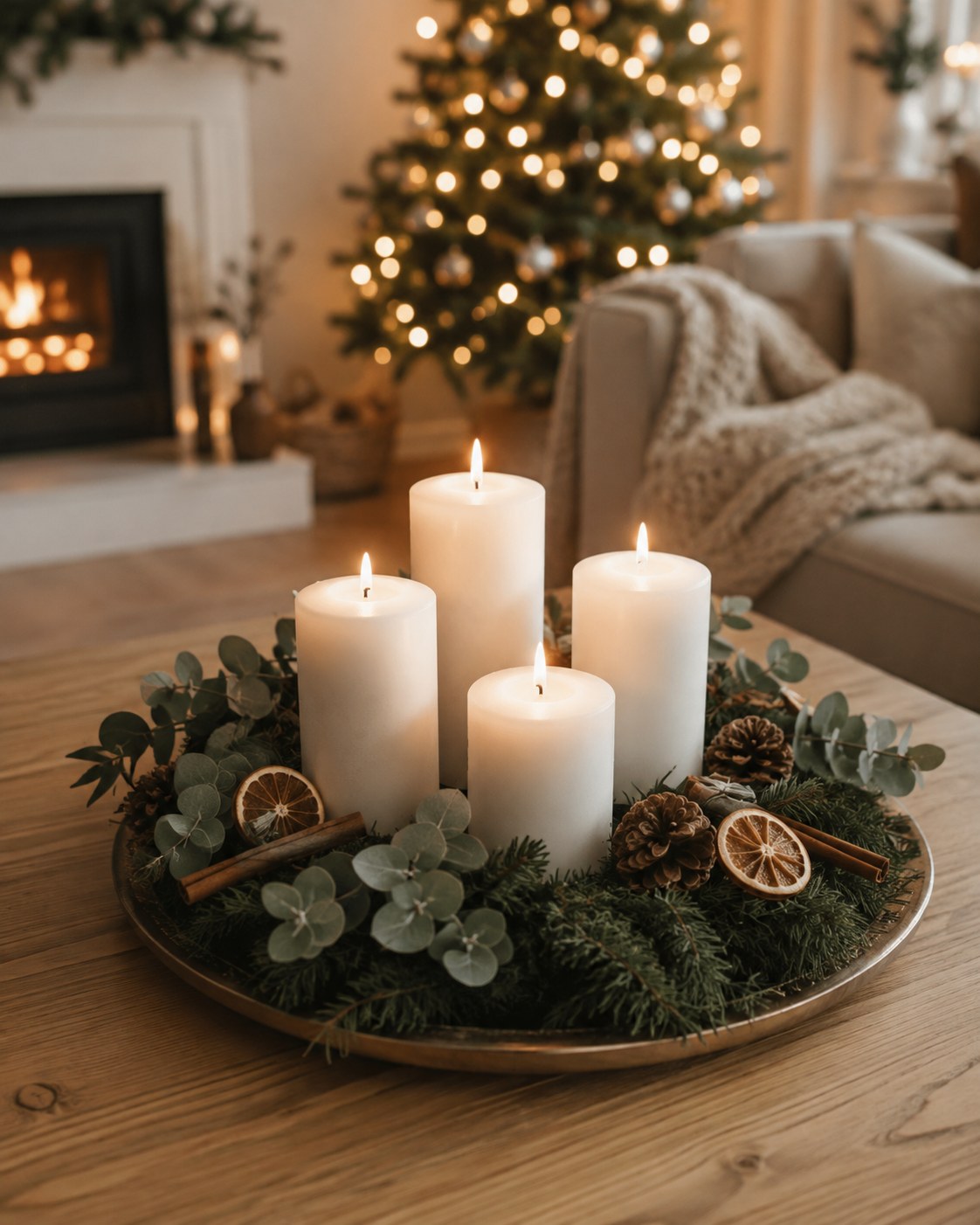 Rundes Tablett mit dicken Kerzen, Eukalyptus und Orangenscheiben als Sideboard Deko Weihnachten Idee
