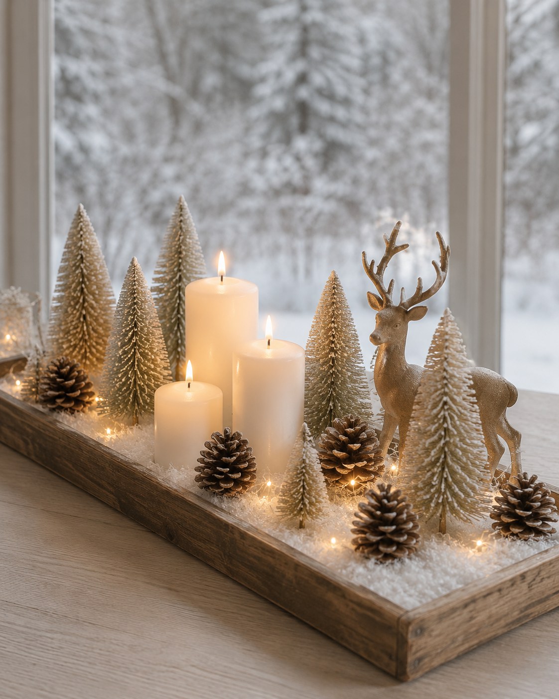 Holztablett mit Tannenbäumchen, Rehfigur und Kerzen im Schnee als winterliche Sideboard Deko