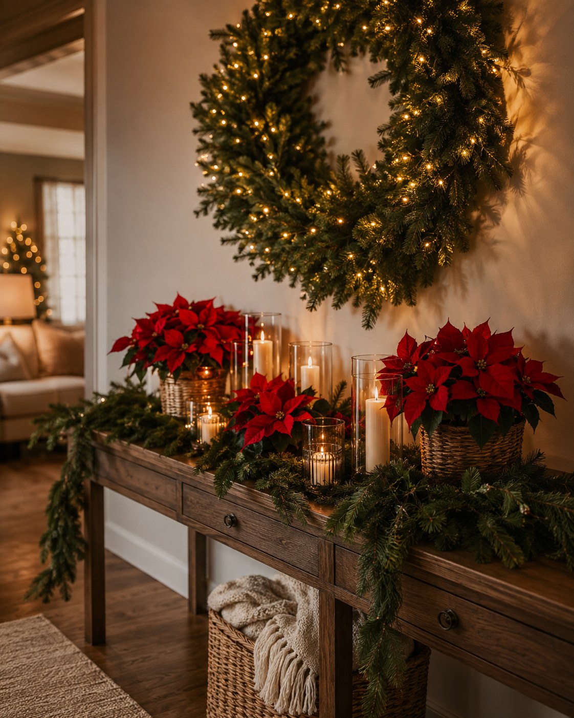 Konsolentisch mit Weihnachtsstern-Pflanzen, Kranz und Kerzen als festliche Sideboard Dekoration Weihnachten
