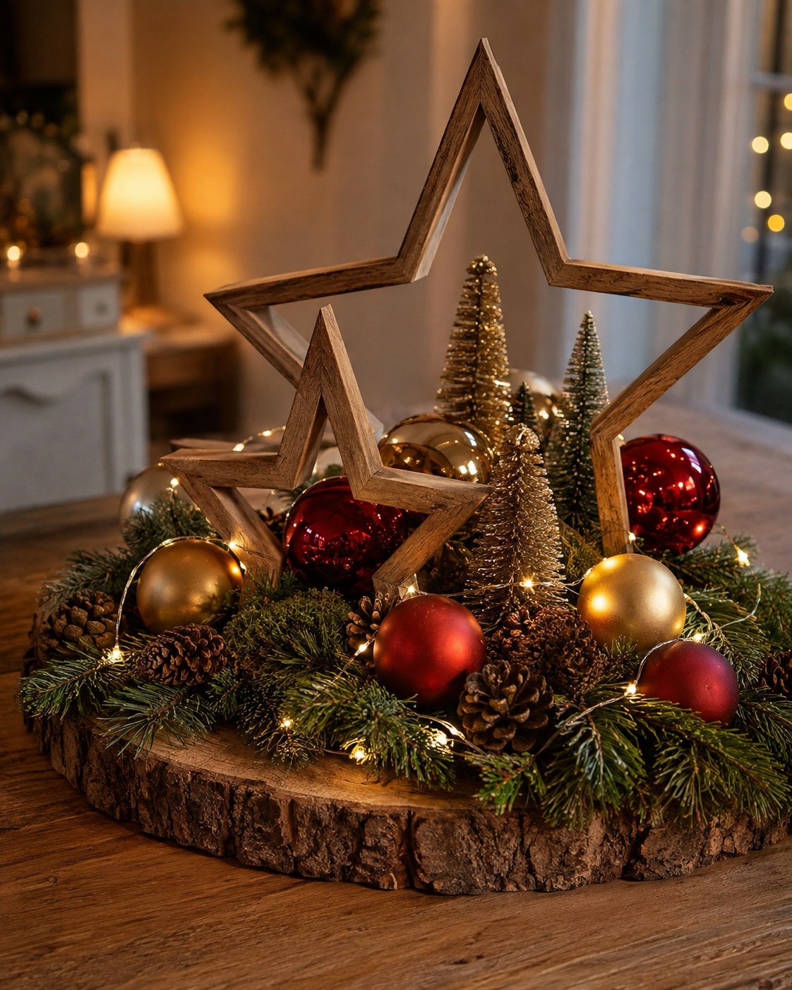 Holzsterne auf Baumscheibe mit roten und goldenen Kugeln als rustikale Sideboard Deko Weihnachten
