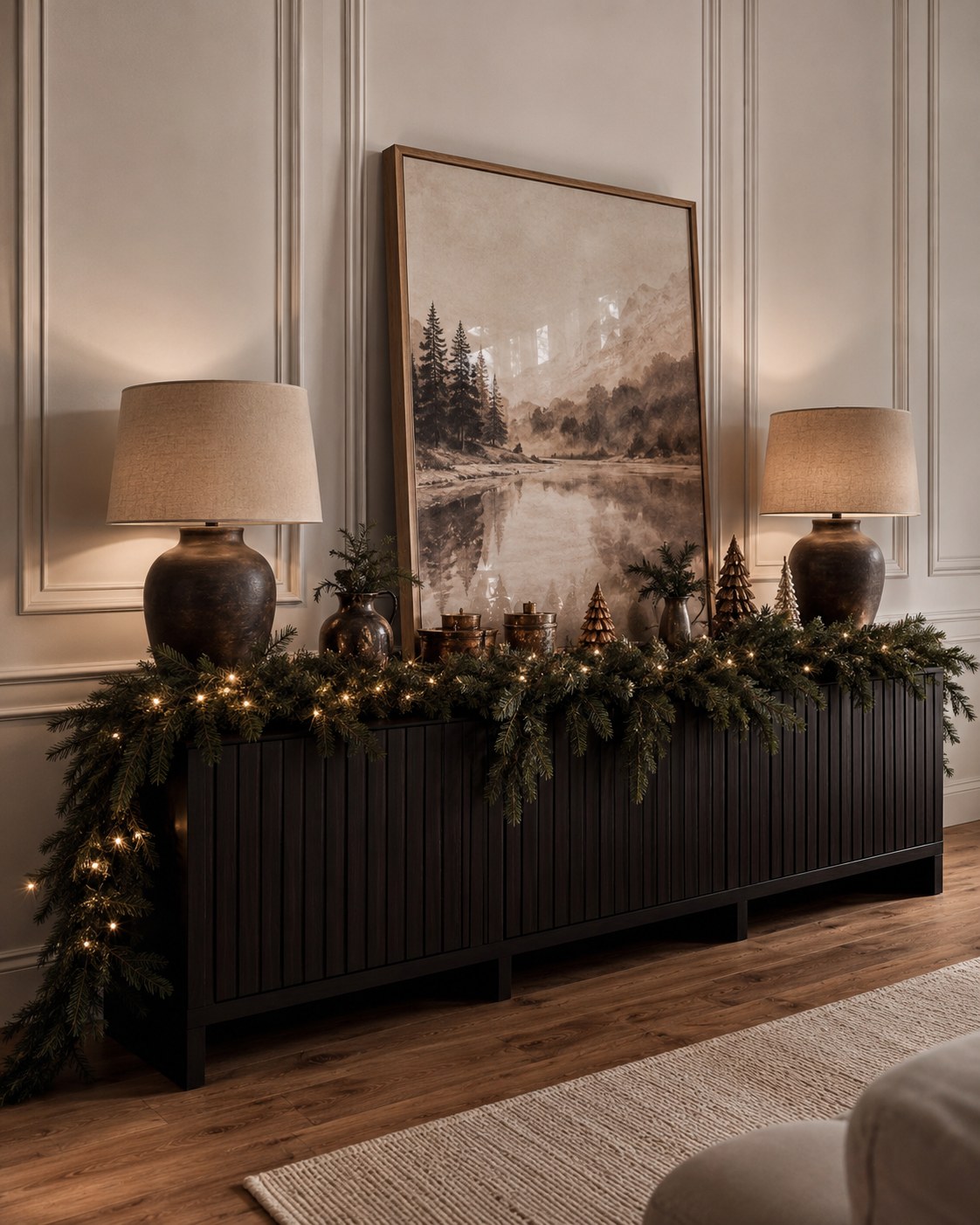 Dunkles Sideboard mit Tannengirlande, Lichterkette und Lampen als warme Sideboard Deko Weihnachten