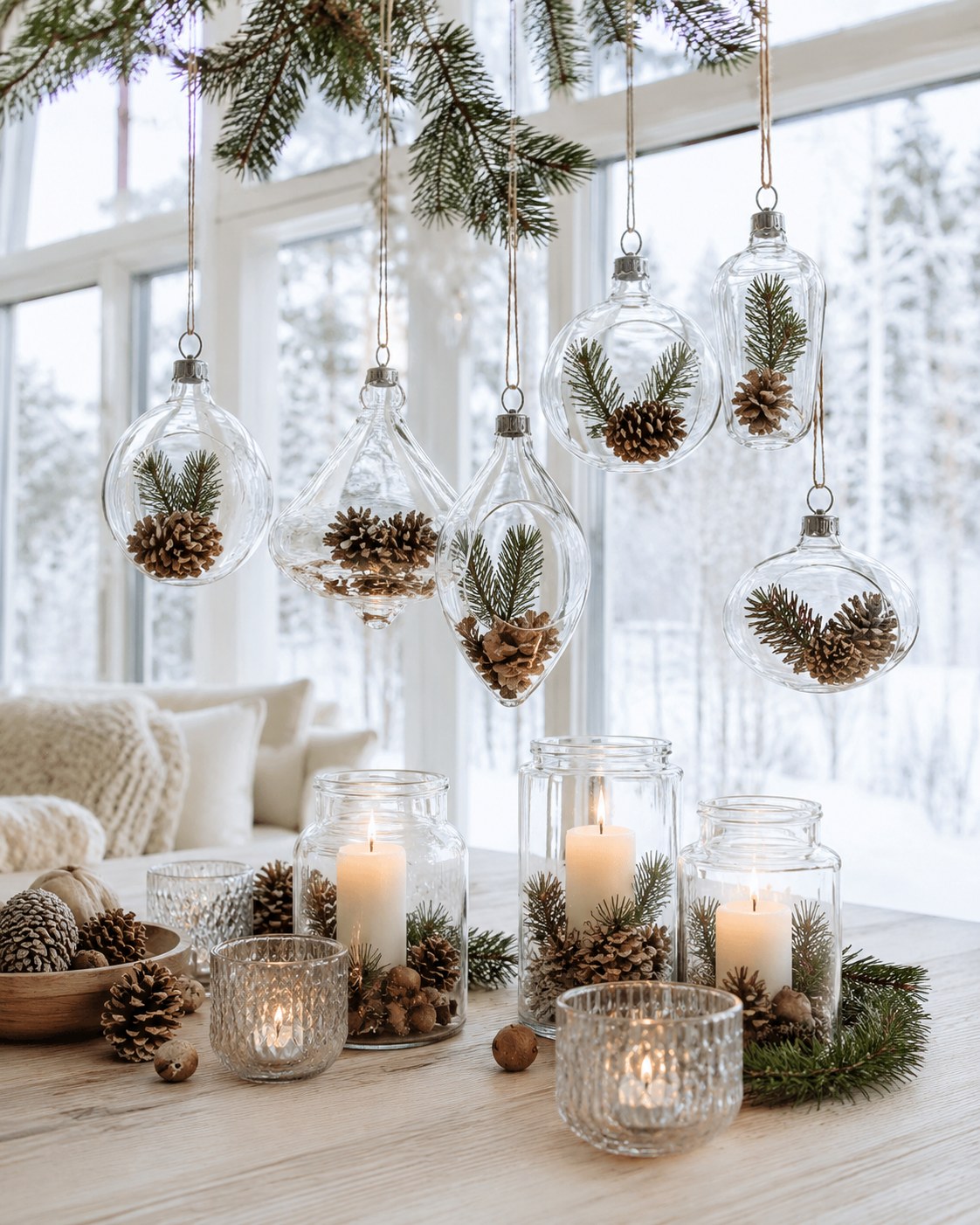 Hängende Glaskugeln mit Zapfen und Kerzengläser am Fenster als luftige Sideboard Dekoration Weihnachten