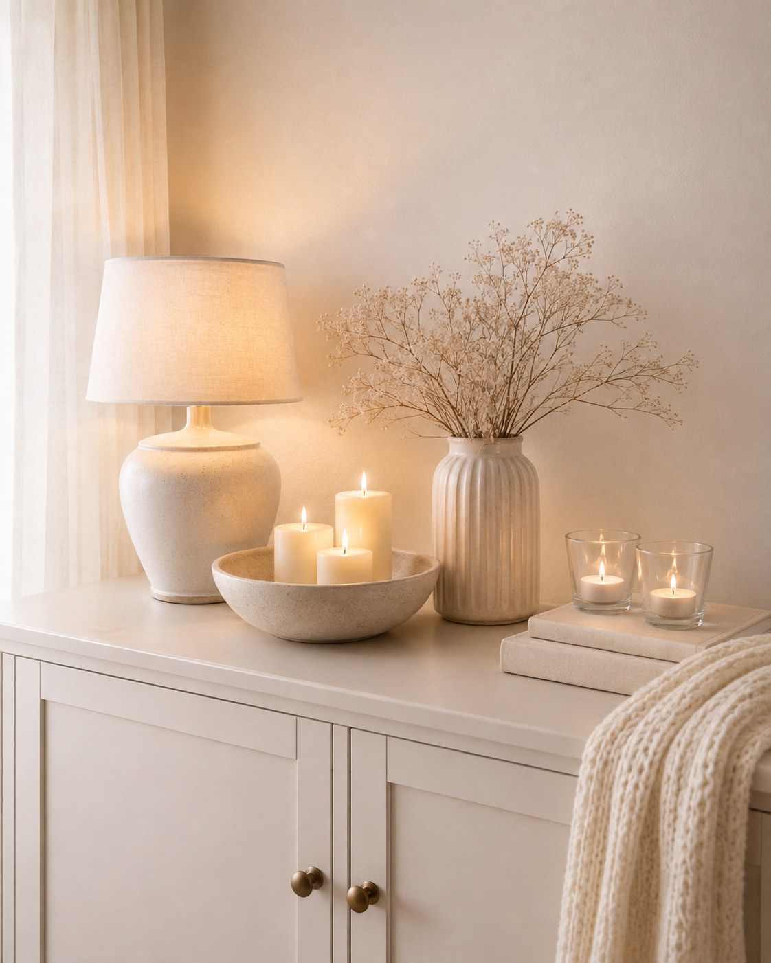 Cremeweißes Sideboard mit Lampe, Kerzen und Trockenblumen als reduzierte Weihnachtsdeko