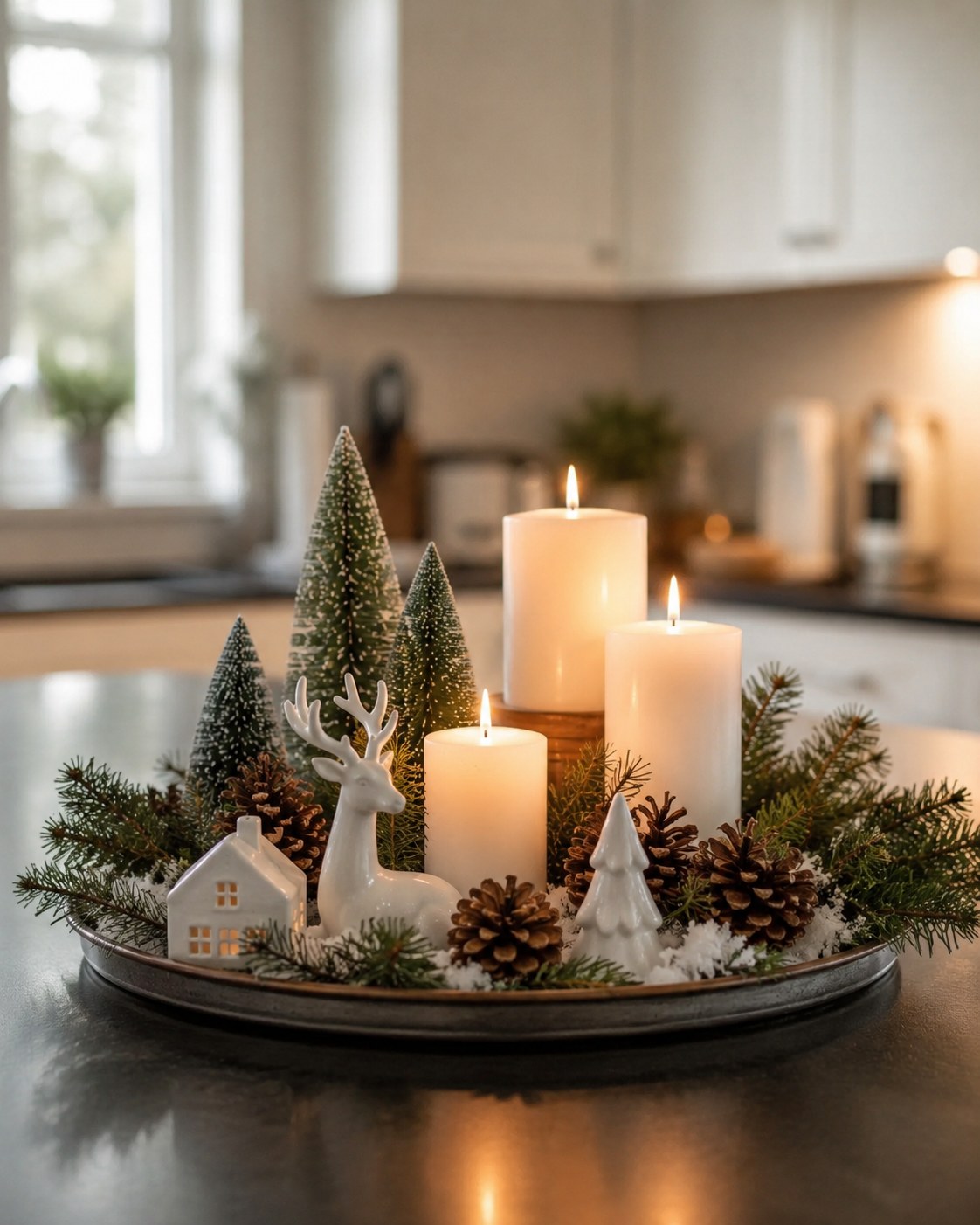 Winterdorf-Tablett mit Mini-Bäumen, Rehfigur und Kerzen für verspielte Sideboard Dekoration Weihnachten